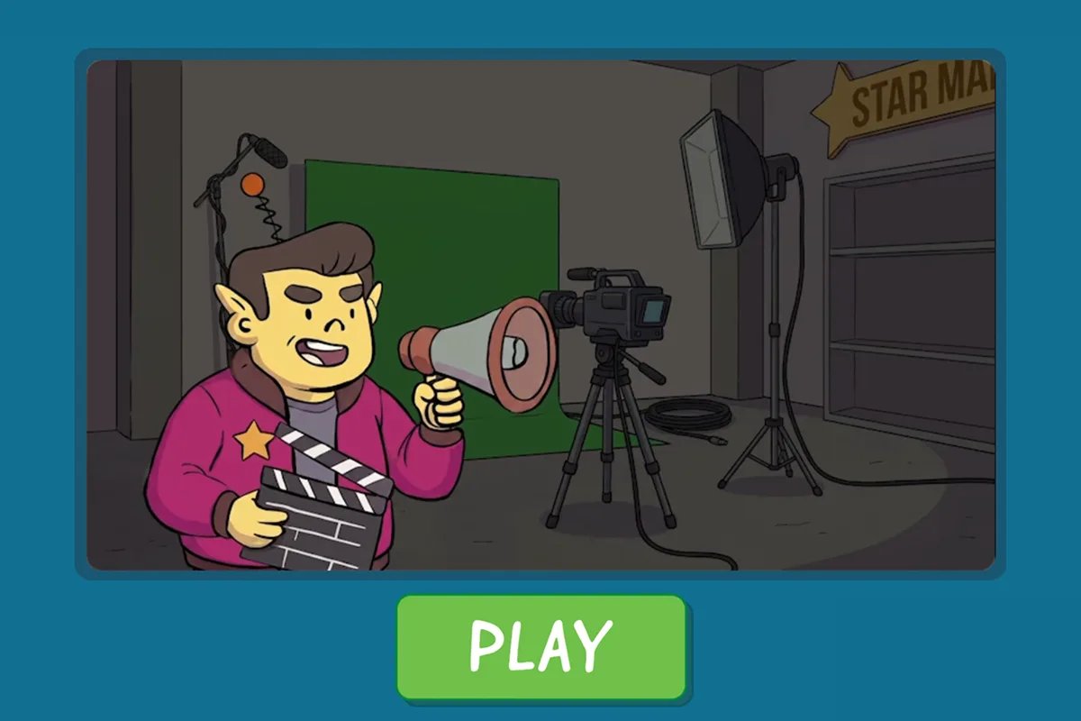 An animated story scene: a character with a megaphone and clapperboard in a TV studio, with a Play button below